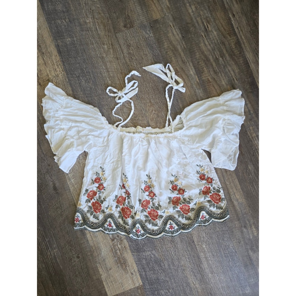 Alter'd State Womens M White Floral Embroidered Boho Ruffle Sleeve Blouse Top